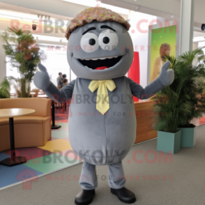 Gray Burgers mascot costume character dressed with a Jumpsuit and Tie pins