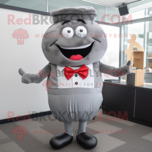 Gray Burgers mascot costume character dressed with a Jumpsuit and Tie pins