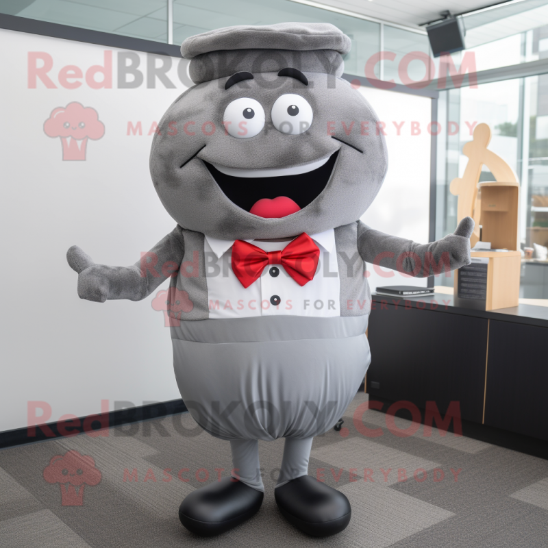 Gray Burgers mascot costume character dressed with a Jumpsuit and Tie pins Gray Burgers mascot costume character dressed with a Jumpsuit and Tie pins