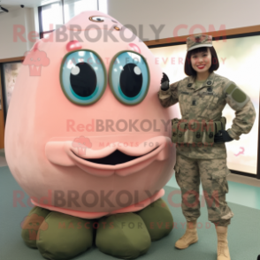 Peach Marine Recon mascot costume character dressed with a Mini Dress and Brooches