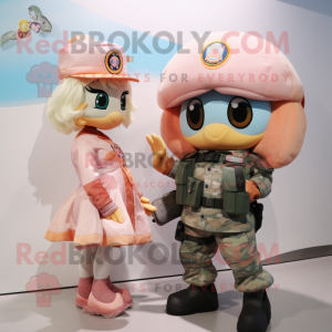 Peach Marine Recon mascot costume character dressed with a Mini Dress and Brooches