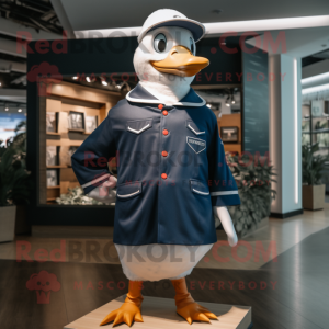 Navy Geese mascot costume character dressed with a Long Sleeve Tee and Caps