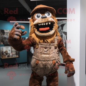 Brown Undead mascot costume character dressed with a Dungarees and Mittens