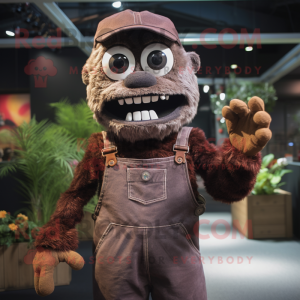 Brown Undead mascot costume character dressed with a Dungarees and Mittens