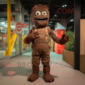 Brown Undead mascot costume character dressed with a Dungarees and Mittens