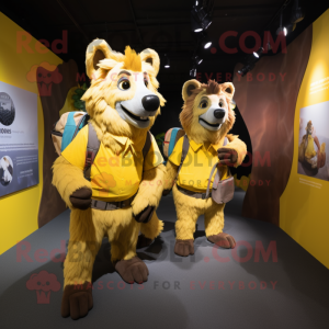 Yellow Hyena mascot costume character dressed with a Poplin Shirt and Backpacks