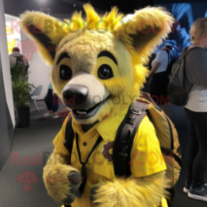 Yellow Hyena mascot costume character dressed with a Poplin Shirt and Backpacks