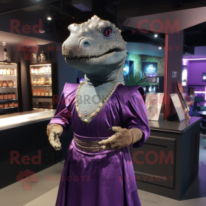 Purple Komodo Dragon mascot costume character dressed with a Empire Waist Dress and Lapel pins