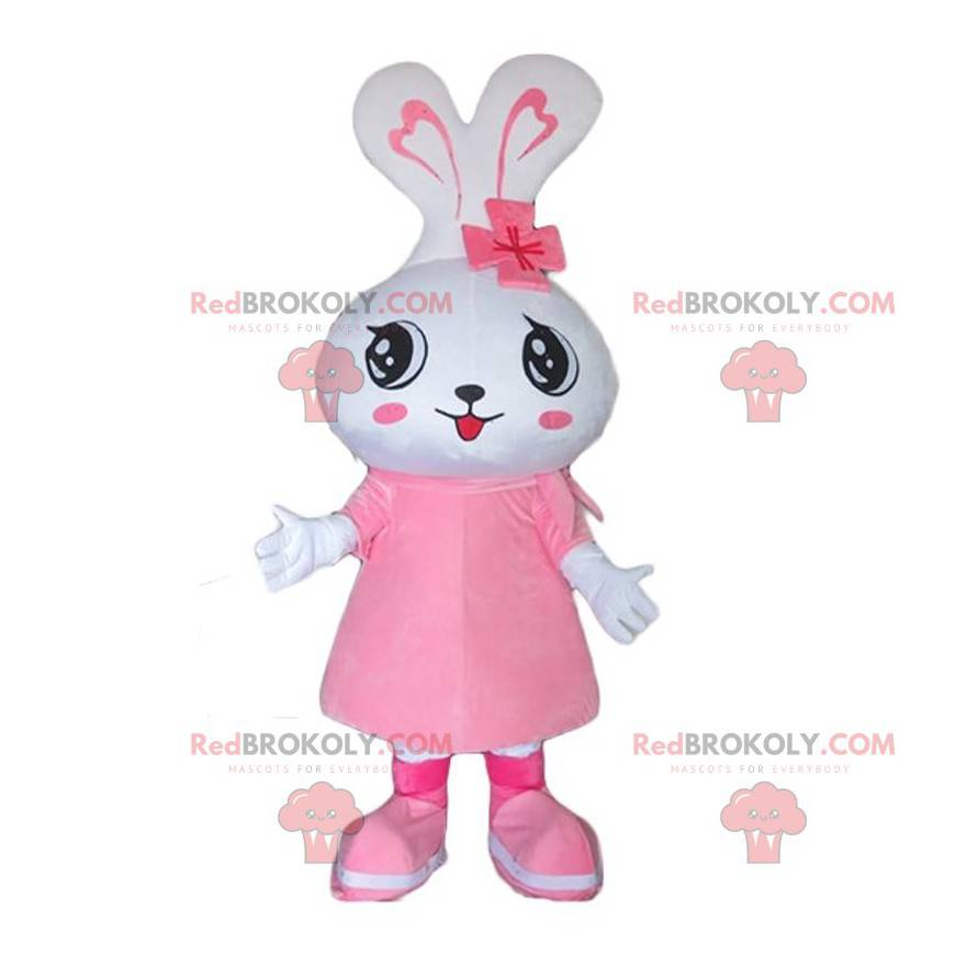 Wit konijn mascotte, konijn kostuum, vrouwelijke vermomming -