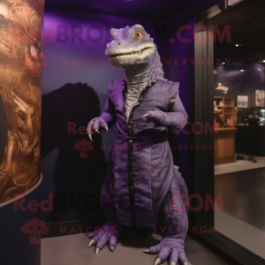 Purple Komodo Dragon mascot costume character dressed with a Empire Waist Dress and Lapel pins