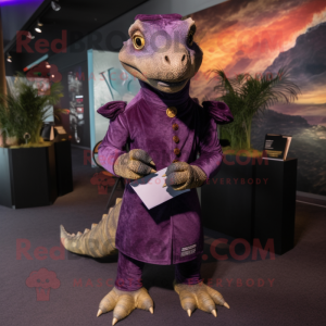 Purple Komodo Dragon mascot costume character dressed with a Empire Waist Dress and Lapel pins
