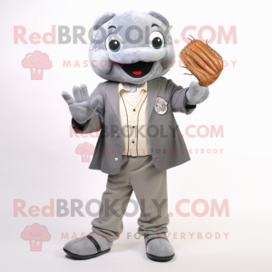 Gray Baseball Glove mascot costume character dressed with a Suit Jacket and Coin purses