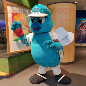 Turquoise Dove mascot costume character dressed with a Baseball Tee and Anklets