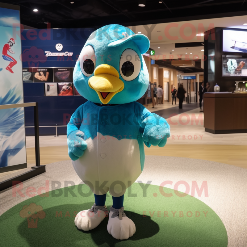 Turquoise Dove mascot costume character dressed with a Baseball Tee and Anklets