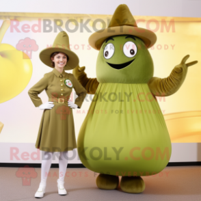 Olive Ring Master mascot costume character dressed with a A-Line Dress and Berets