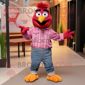 Magenta Chicken Parmesan mascot costume character dressed with a Denim Shirt and Anklets