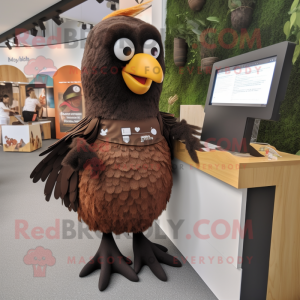 Brown Blackbird mascot costume character dressed with a Pencil Skirt and Watches