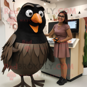 Brown Blackbird mascot costume character dressed with a Pencil Skirt and Watches