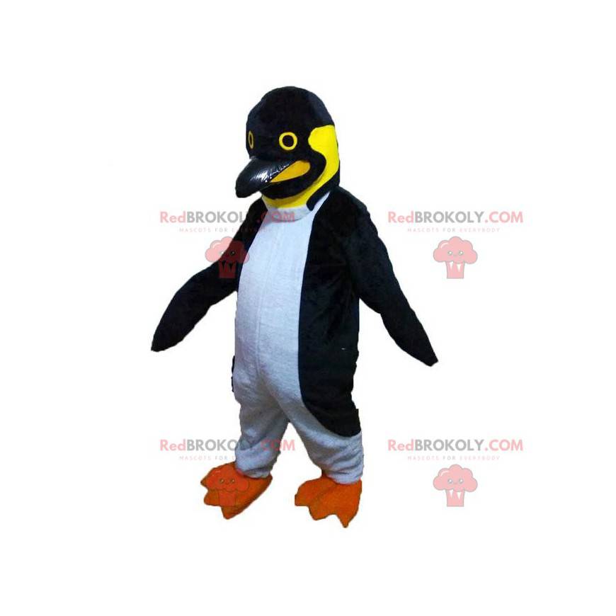 Zwart wit en geel pinguïn mascotte, pinguïnkostuum -