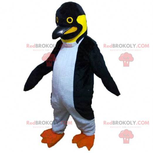 Mascotte de pingouin noir blanc et jaune, costume de manchot -