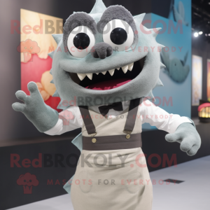 Gray Ceviche mascot costume character dressed with a Sheath Dress and Suspenders