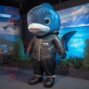 Black Blue Whale mascot costume character dressed with a Parka and Gloves