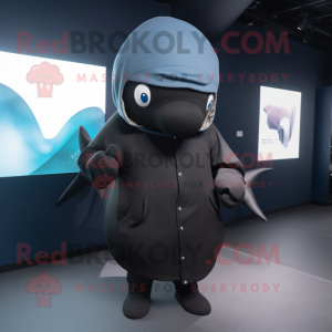 Black Blue Whale mascot costume character dressed with a Parka and Gloves