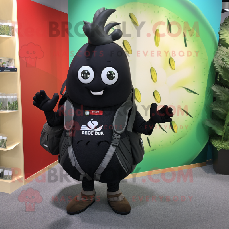 Black Radish mascot costume character dressed with a Rash Guard and Backpacks