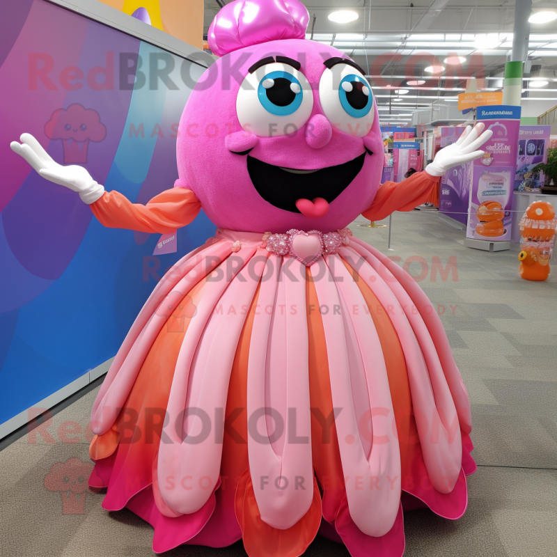 Pink Ceviche mascot costume character dressed with a Ball Gown and Bracelets Pink Ceviche mascot costume character dressed with a Ball Gown and Bracelets