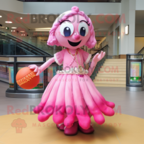 Pink Ceviche mascot costume character dressed with a Ball Gown and Bracelets