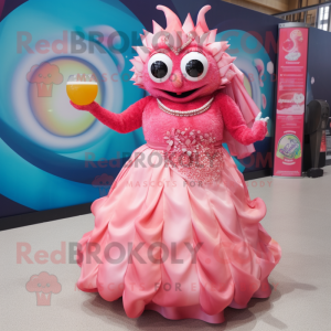 Pink Ceviche mascot costume character dressed with a Ball Gown and Bracelets