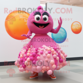 Pink Ceviche mascot costume character dressed with a Ball Gown and Bracelets