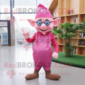 Pink Elf mascot costume character dressed with a Overalls and Reading glasses
