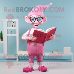 Pink Elf mascot costume character dressed with a Overalls and Reading glasses