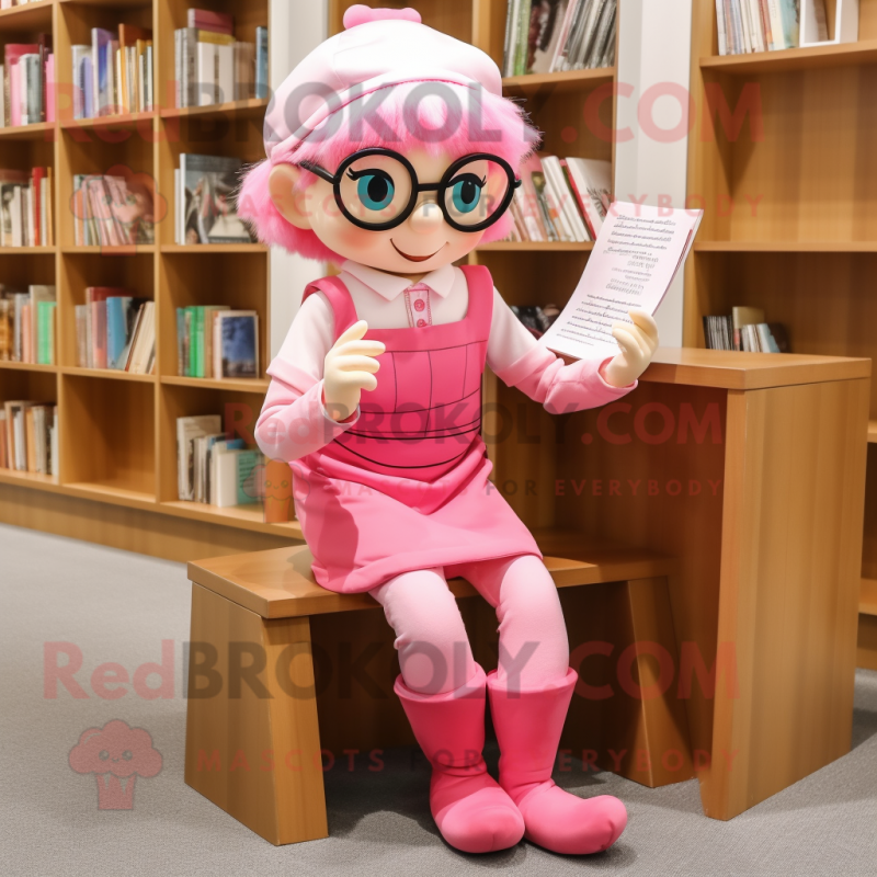 Pink Elf mascot costume character dressed with a Overalls and Reading glasses