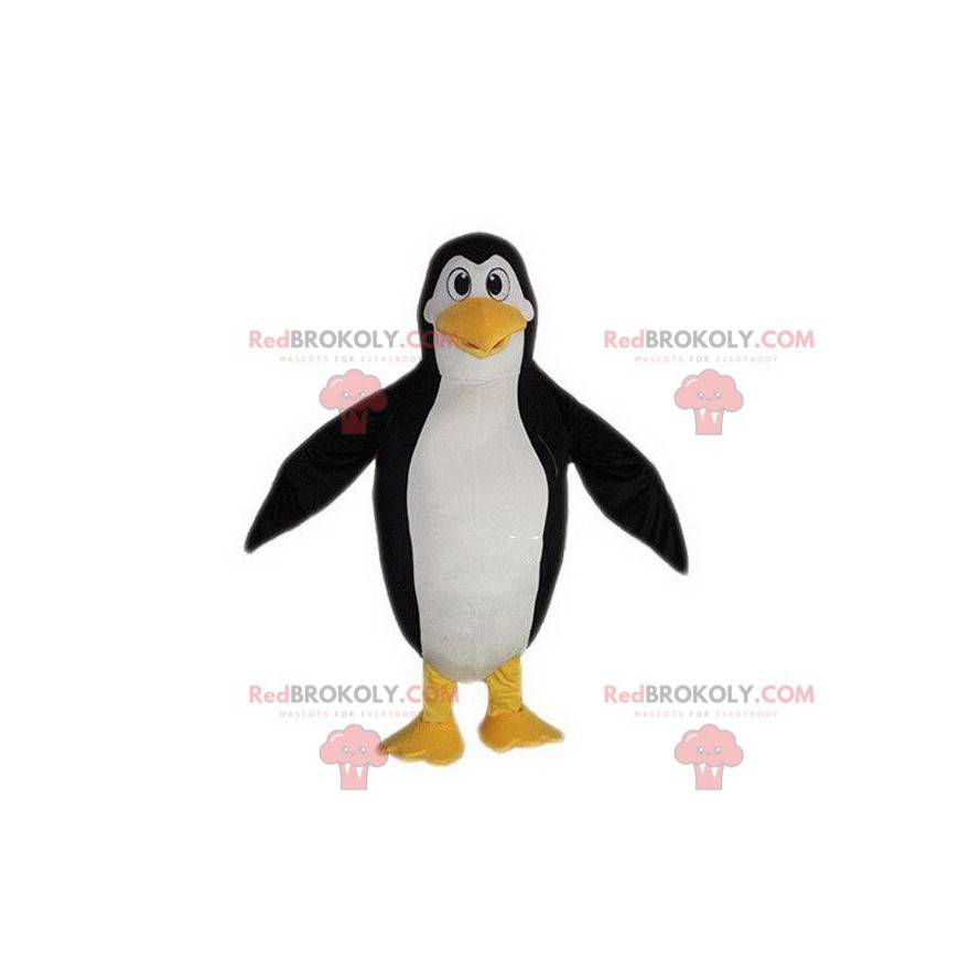 Mascote pinguim preto branco e amarelo, fantasia de pinguim -