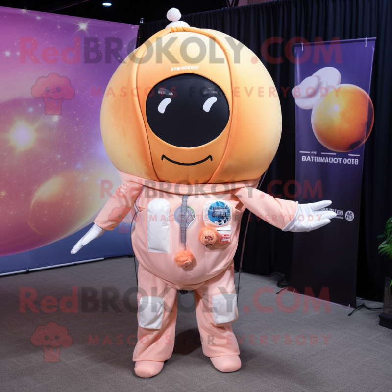 Peach Astronaut mascot costume character dressed with a Yoga Pants and Shawl pins