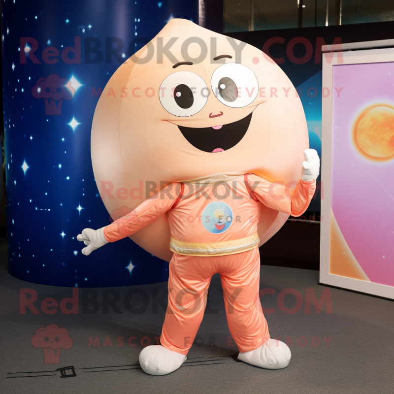 Peach Astronaut mascot costume character dressed with a Yoga Pants and Shawl pins