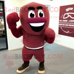 Maroon Boxing Glove mascot costume character dressed with a Hoodie and Ties