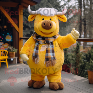 Yellow Yak mascot costume character dressed with a Flannel Shirt and Mittens