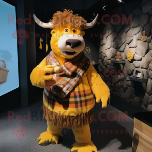 Yellow Yak mascot costume character dressed with a Flannel Shirt and Mittens