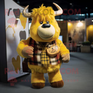 Yellow Yak mascot costume character dressed with a Flannel Shirt and Mittens