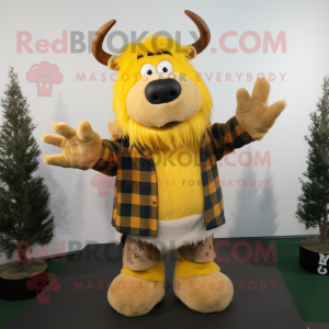 Yellow Yak mascot costume character dressed with a Flannel Shirt and Mittens