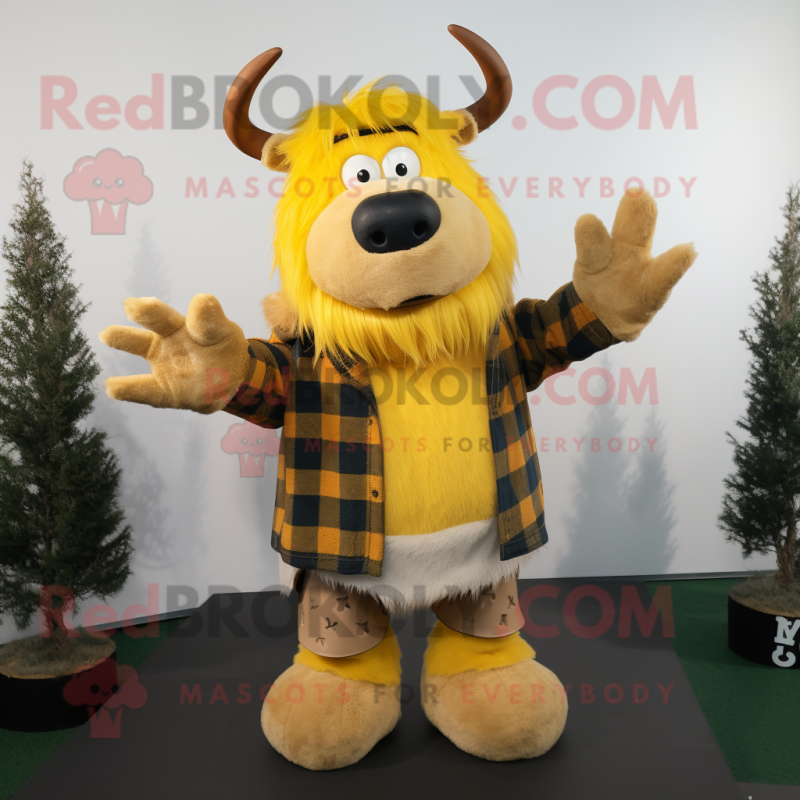 Yellow Yak mascot costume character dressed with a Flannel Shirt and Mittens Yellow Yak mascot costume character dressed with a Flannel Shirt and Mittens