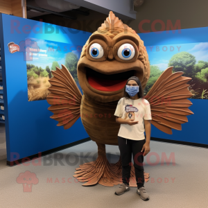 Brown Betta Fish mascot costume character dressed with a Henley Tee and Wraps