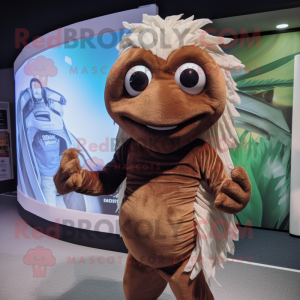 Brown Betta Fish mascot costume character dressed with a Henley Tee and Wraps