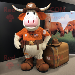 Peach Hereford Cow mascot costume character dressed with a Cargo Shorts and Cummerbunds