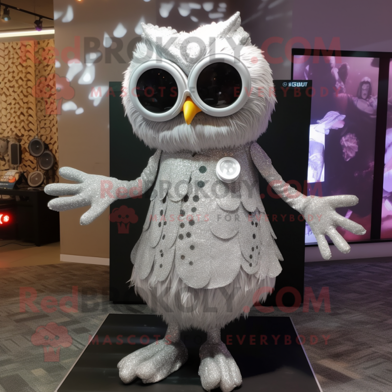 Silver Owl mascot costume character dressed with a A-Line Skirt and Sunglasses