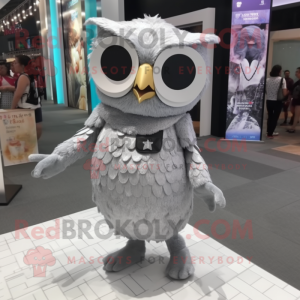 Silver Owl mascot costume character dressed with a A-Line Skirt and Sunglasses