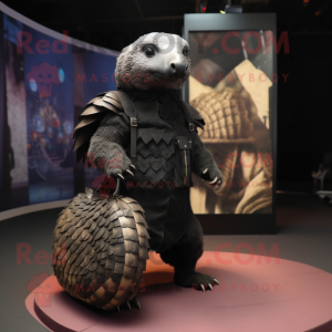 Black Pangolin mascot costume character dressed with a Trousers and Handbags